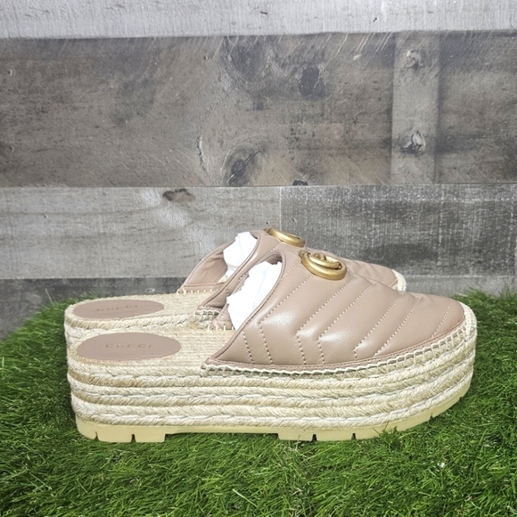 GUCCI Charlotte Matelasse gold GG Marmont logo platform espadrille jute mule - Picture 4 of 14